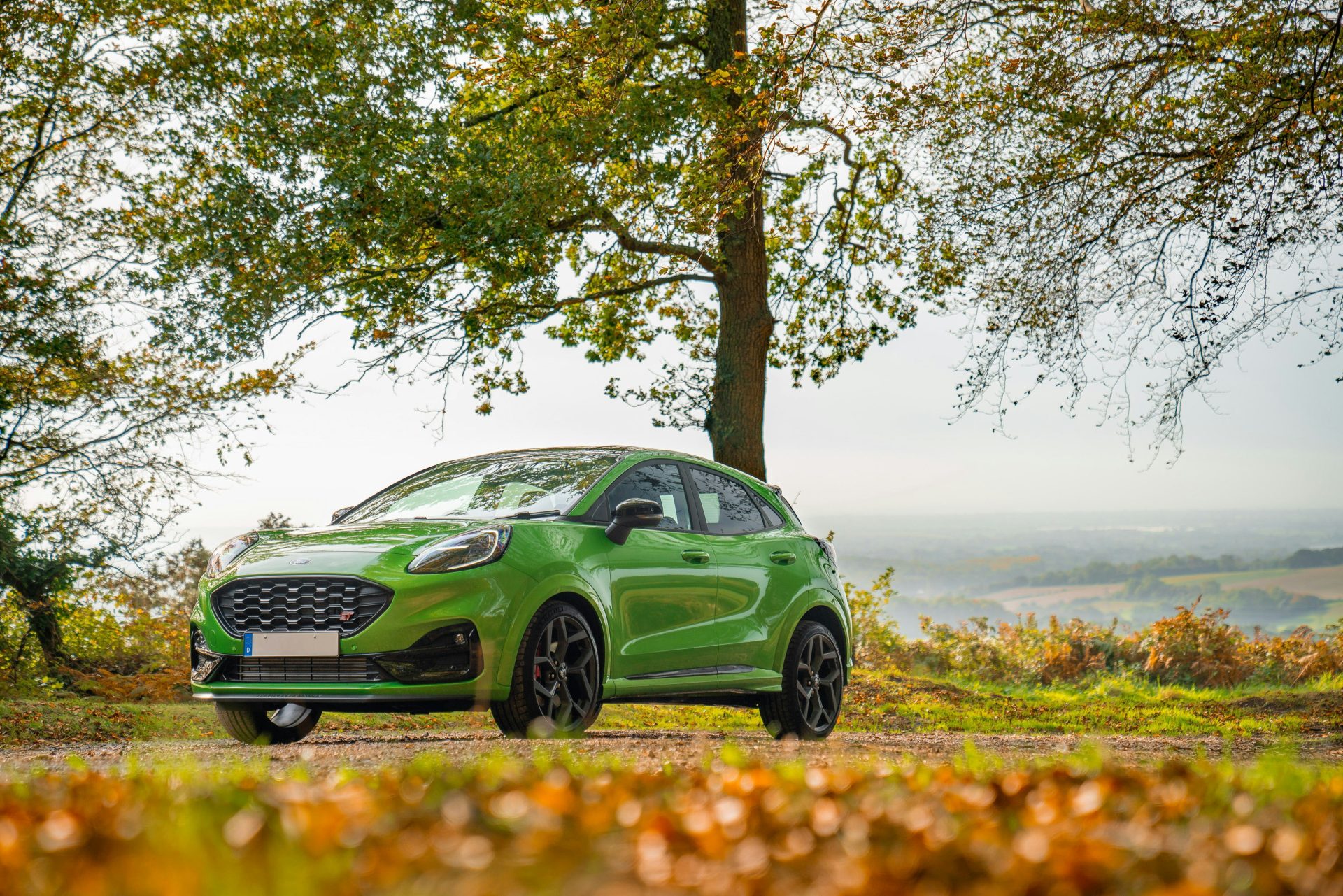 Green car parked on a dirt road under trees